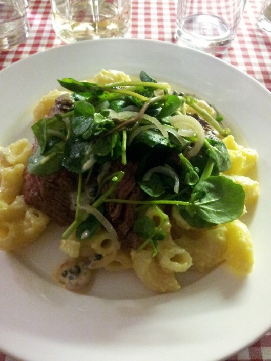 Grilled bavette steak with mac n cheese