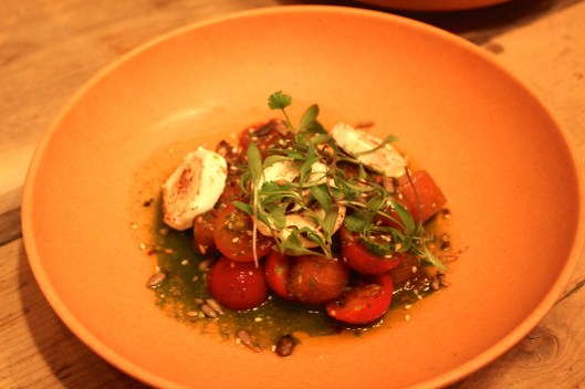 watermelon and tomato salad with roasted goats cheese