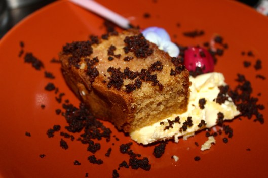 Burnt butter cake, burnt white chocolate and stewed gooseberries with crème fraiche.