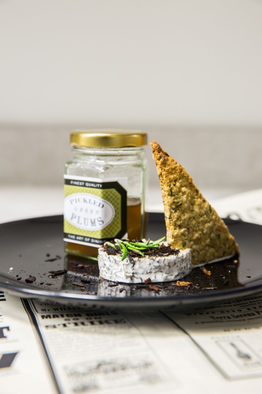goat's cheese, rosemary oatcakes and pickled green plums