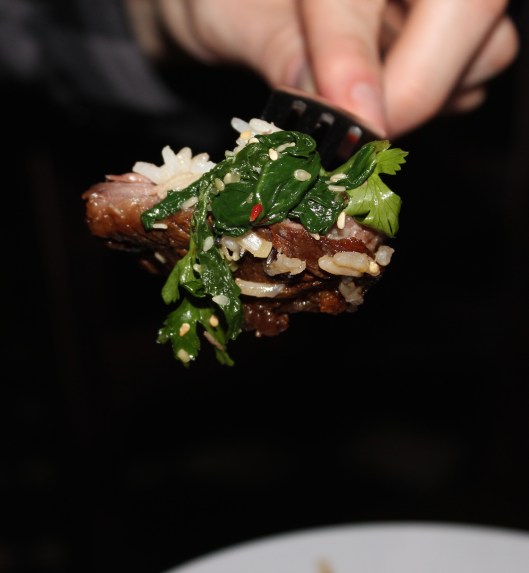 Sichuan style beef ribs in fire sauce with braised greens and garlic rice_.