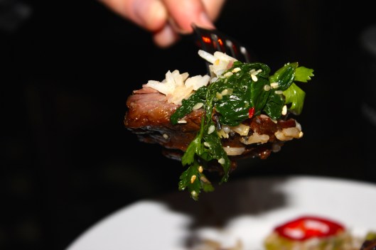 Sichuan style beef ribs in fire sauce with braised greens and garlic rice_