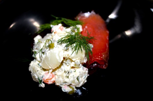 Smoked salmon, Russian salad, pickled beetroot and dill